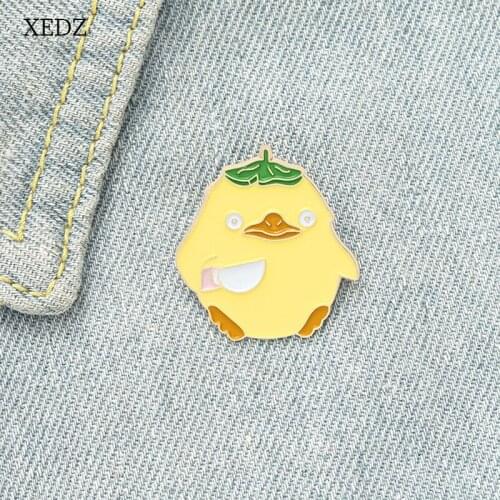 XEDZ Cartoon Yellow Lotus Leaf Duck Enamel Brooch Fashion Knife Green Leaf Hat Cute Animal Badge Jewelry Gift For Friends