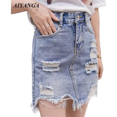 AIYANGA Distressed Pencil Skirt Blue Denim Women Sexy Casual 2019 Summer Skirts Fashion New Ripped Pockets Bodycon Skirt