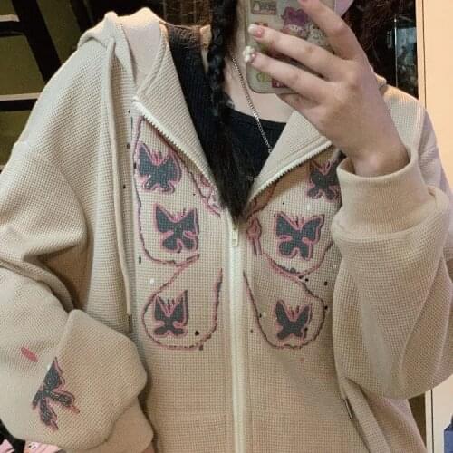 2021 Zip Hooded Sweatshirt Waffle Winter Jacket Top Oversized Hoodie Butterfly Retro Pocket Woman Clothes Long Sleeve Pullover
