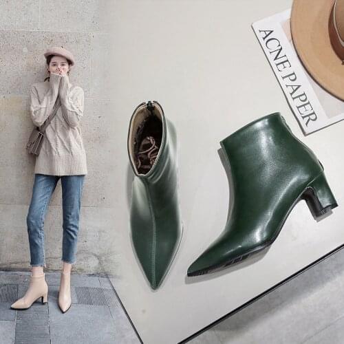 Pointed Toe Square Heel Women Boots Fashion Buckle Ankle Boots Women Shoes Zipper Cheap High Heel Boots Shoes Woman Large Size