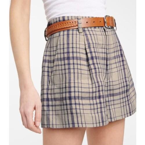 100% Linen Womens Plaid Shorts Breathable High Waist Ladies Zipper Loose Shorts