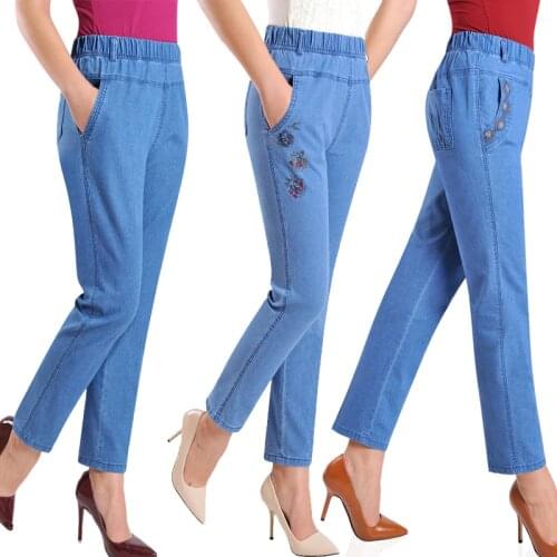 2019 Autumn Basic Denim Jeans Women High Waist Elastic Vintage Large Size Embroidered Cowboy Denim Pants Casual Straight Pants