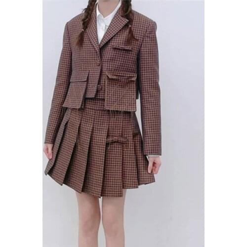 High Fashion 2 Piece Set 2021 Women Notched Collar Design Pockets Cropped Blazer Coat and High Waist Mini Pleated Skirt Set Suit