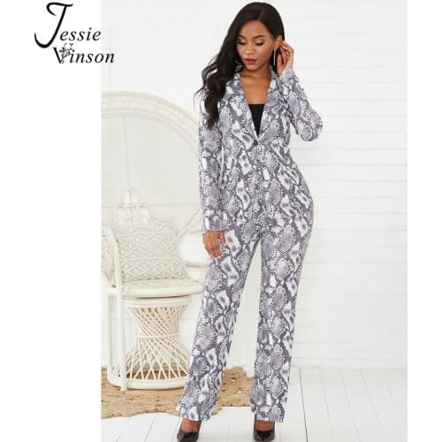 Jessie Vinson Long Sleeve Turn-down Collar Snake Print Blazer Jacket Long Pants Suit Women OL 2 Pieces Set Female Autumn Suit