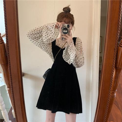 Girls Two Pieces] French Suspender Skirt Suit Female Sweet Retro A-line Puff Skirt + Polka Dot Bottoming Shirt Two-piece