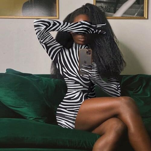 Long Sleeve Zebra pattern Bodycon Mini Dress Women Autumn Female Fashion Party Outfits Print Dresses For Women 2021