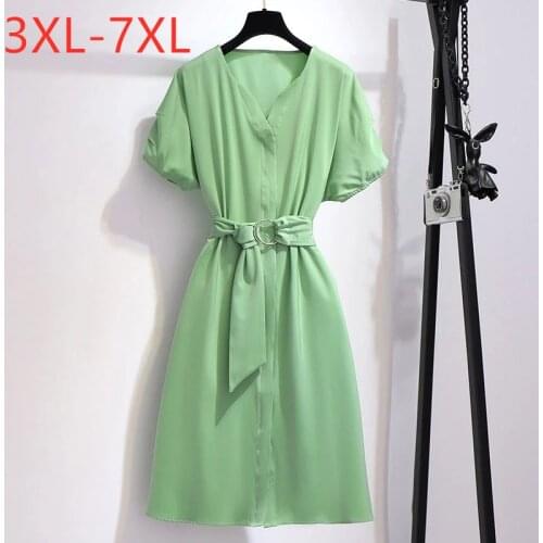 New 2021 summer plus size dress for women large loose casual black green retro V neck dresses belt 3XL 4XL 5XL 6XL 7XL