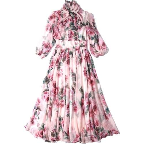 New Summer Runway Women Vintage Rose Flower Print Chiffon Dress Vestidos Mujer Bow Lace-up Elegant Vacation Party Long Dresses