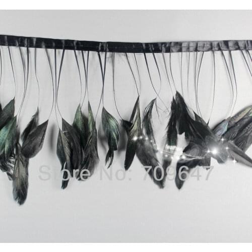 2Meters/Lot Height 5-6" Stripped BLACK OVER BRONZE ROOSTER TAIL Feather Fringe with 200PCS Feathers,Black Feathers Trim