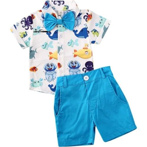 Free shipping Toddler Kids Baby Boys Clothes Geometry bow turn-down collar Tops solid Button pocket Shorts 2pc newborn Outfit