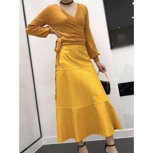2021 Factory New Arrival Women Genuine Long Leather Skirt