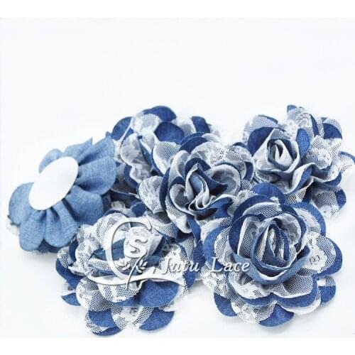 25 pcs/lot , 3.75'' white lace shabby denim flowers , newborn headband , hair accessories , headband flower