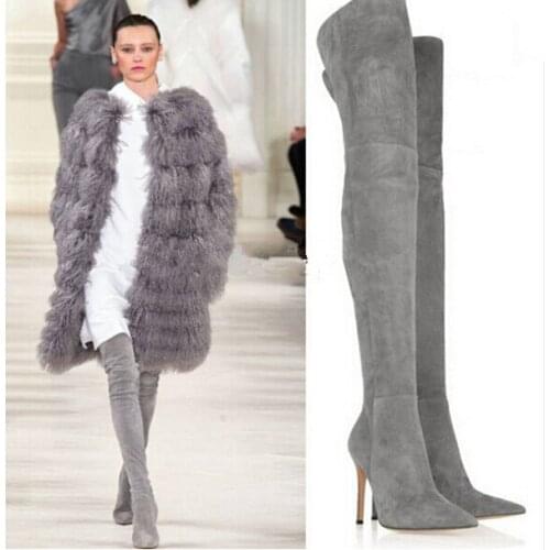 Plus size 43 grey suede high heels thigh high boots pointed toe side zipper stiletto heels over the knee motorcycle boots