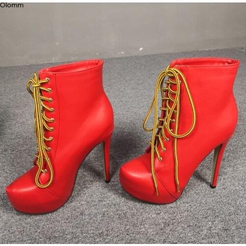 Olomm Chic Women Platform Ankle Boots Sexy Stiletto Heels Boots Round Toe Pretty Red Black Party Shoes Women Plus US Size 4-15