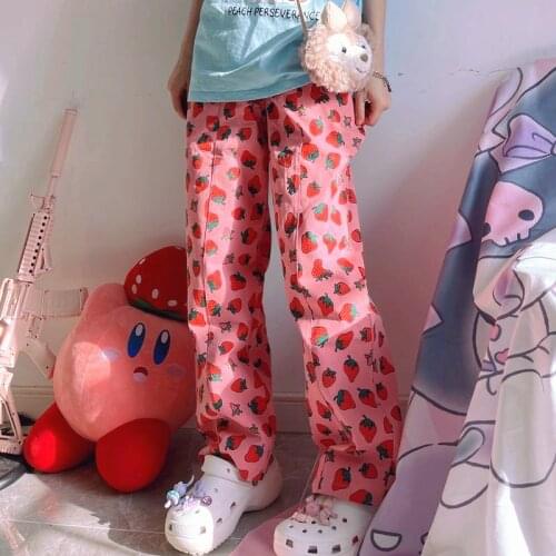 Pink Pants Women Straight Casual Trousers Strawberry Pattern Loose Elastic Waist Sweet Girl Style Harajuku Y2K Kawaii Sweatpants