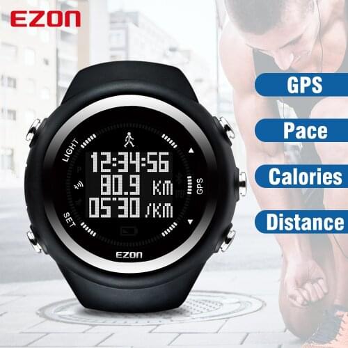 Mens Digital Sport Wristwatch GPS Running Watch With Speed Pace Distance Calorie Burning Stopwatch 50M Waterproof EZON T031