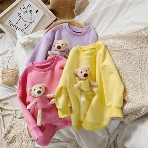 Lunoakvo Cute Little Girls Cartoon Bear Patchwork Sweatshirt Autumn and Winter Long-sleeved Fleece Pullover Sweater 1-8Y