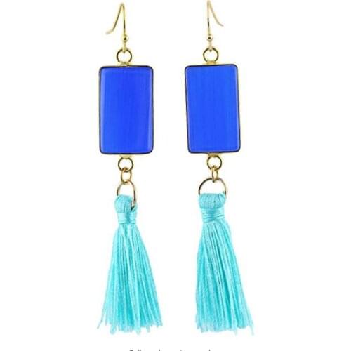 FYJS Unique Light Yellow Gold Color Rectangle Shape with Tassels Blue Cat Eye Stone Drop Earrings Classic Jewelry