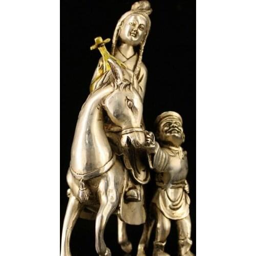 7" Chinese Antique bronze handmade silvering gilt wang zhaojun Horse statue