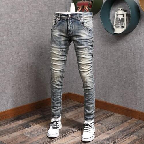 Summer Mens Vintage Blue Ripped Jeans Casual Straight Slim Fit Pants Streetwear Cotton Stretch Denim Trousers