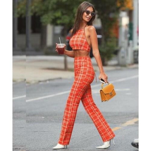 Summer Women Plaid Outfits Halterneck Tops Tee and Long Pants Set Fashion Two Pieces Set Tracksuits For Women