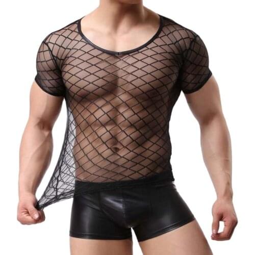 Mens Argyle Mesh Short-Sleeved Transparent T-Shirt Sexy Underwear Slimming Casual Grid Non-Mainstream Club See-Through Blouses