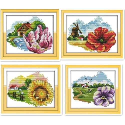 Miniature Mini 11ct 14ct Counting Grid Embroidered Cross Stitch Kit December Flowers Country Cottage Manual Embroidery