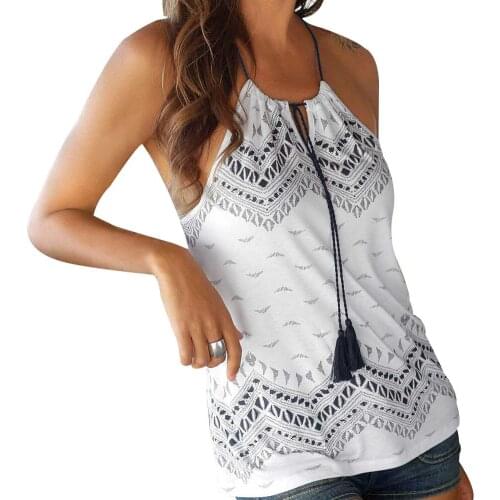 Newly Women Sleeveless Halter Neck Boho Printed Vest Blouse Tops for Summer DOD886