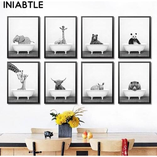 Baby Animal Poster Giraffe Panda Elephant Lion In Bathtub Canvas Painting Nursery Wall Art Nordic Picture Kids Room Decoration