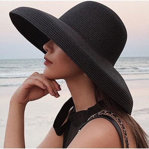 2020 New Summer Sun Hats Ladies Solid Plain Elegant Wide Brim Hat Female Round Top Panama Floppy Straw Beach Hat Women