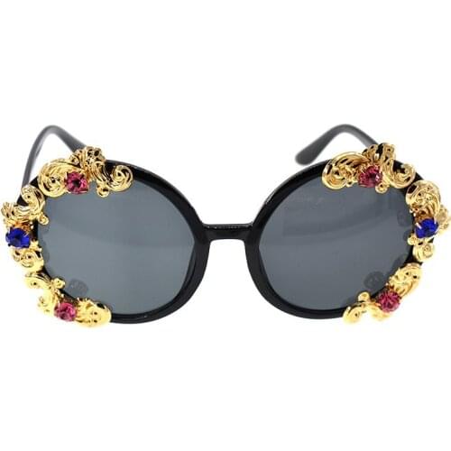 New Classical Round Rhinestone Sunglasses Metal Flowers Women Brand Designer Summer Luxury Crystals Ladies sunglasses For Summer