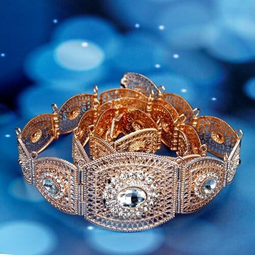 SUNSPICEMS Pink Rose Gold Color Morocco Kaftan Belt Arabic Female Ethnic Wedding Dress Belt For Robe Custom Crystal Colors