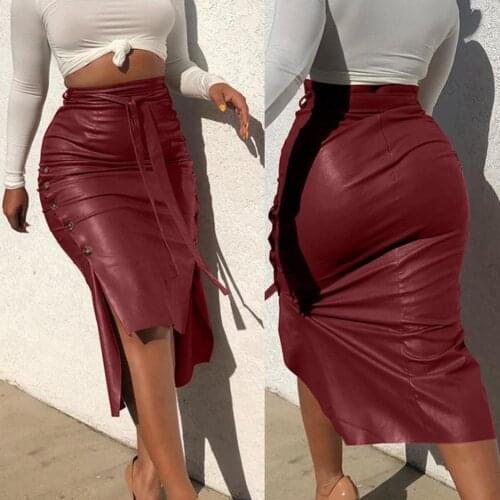 Women Sexy Bandage Pu Leather Party Skirt Fashion Solid Faux Leather Side Button Skirt Casual Bodycon Split Midi Skirt