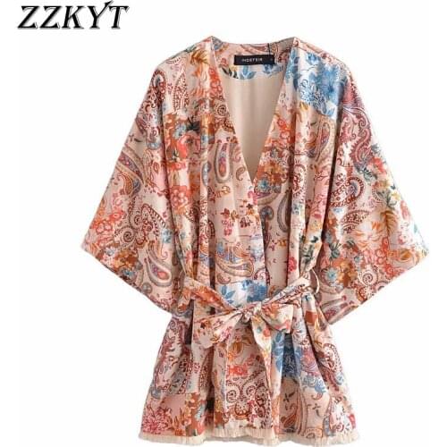 ZZKYT 2021 Women Summer Vintage Patchwork Print Bow Tie Sashes Long Blouses Fashion V-Neck Long Sleeve Female Shirts Casual Tops