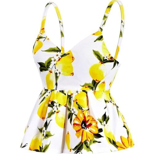 Crop Top 2019 Summer Tops Sexy Vintage Lemon Cherry Floral Print Pleated Corset Vest Beachwear Tank Top VT0002