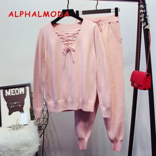 ALPHALMODA 2018 Women Winter Knitted Suits Lacing Up V-collar Long Sleeved Sweater + Knit Pencil Pants Female 2pcs Casual Sets