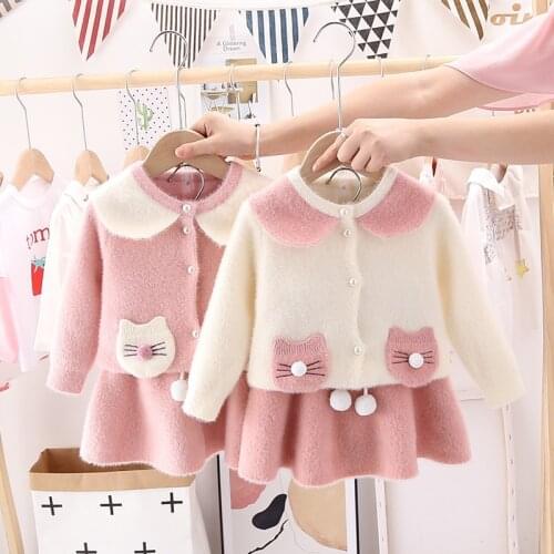 Girls European Version of Mink Fleece Rabbit Ears Knitted Suit Autumn Fall Toddler Outfits Toddler Fall Clothes 2021 Sweater
