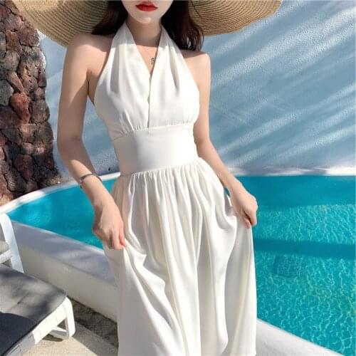 French retro high waist V-neck halter neck temperament white skirt sexy backless seaside beach holiday dress women