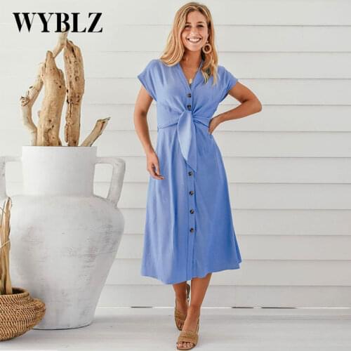 Summer Woman Dress Sexy Slim Fit Single Breasted OL Casual Dress Female Button Placket High Waist Solid Color V Neck Vestidos
