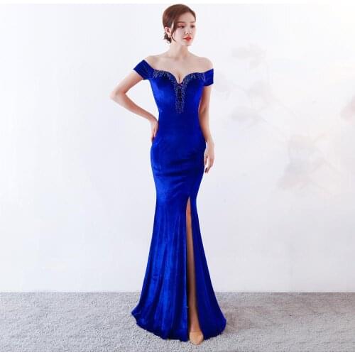 Beauty-Emily V Neck Velvet Elegant Evening Dresses Formal Mermaid Party Gowns Tassel Beads Prom Gowns Split For Wedding Vestido