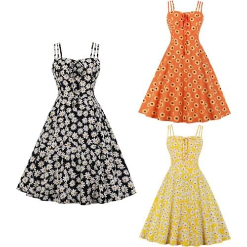 Vintage Daisy Parint Spaghetti Strap Midi Dress For Women 2021 Summer Bow Elastic Beach Holiday High Waist Swing Chic Dressess