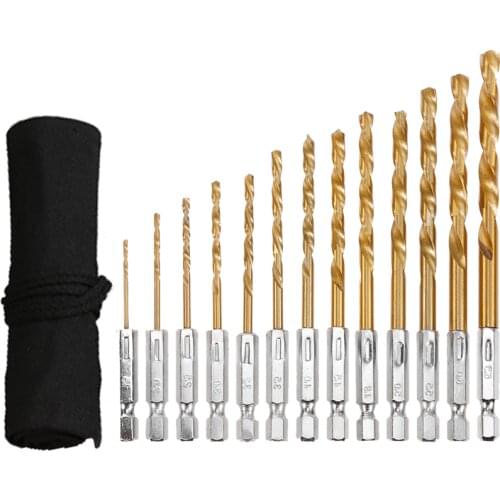GanWei 13/15PCS 1.5-6.5mm HSS Titanium Coated Hex Shank Twist Drill with Storage Bag High Speed Steel Cobalt Containing Drilling