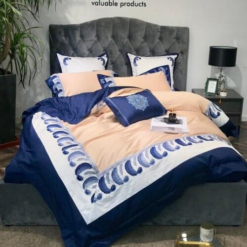 120s luxury Blue Egyptian cotton Embroidery Royal Bedding sets Queen King Wedding Duvet cover Bed sheet set Pillowcases 4/6pcs