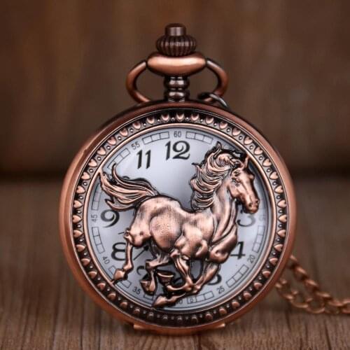 New Antique Red Horse Carved Pendant Pocket Watches Vintage Hollow Quartz Pocket Watches for Mens Womens Best Gifts