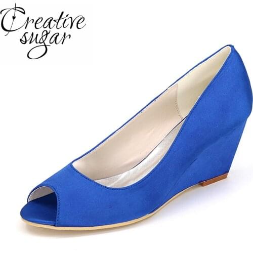 Creativesugar ladies open toe wedges satin evening dress beach wedding bridal bridalmaids peep toe shoes purple blue silver red