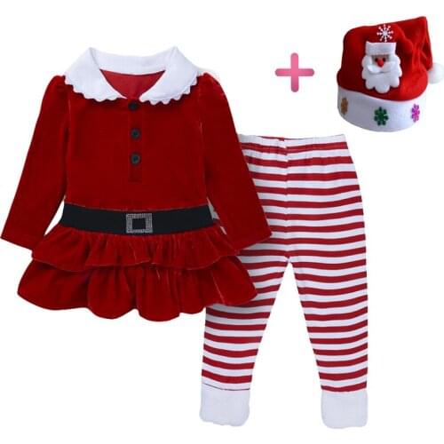 Baby Girl Christmas spring and autumn Children Suit Santa Hat+ Long Sleeve Cotton Kids Suit Corduroy Red Clothes Striped Pants