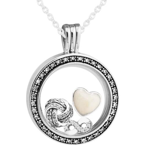 Fandola CKK 925 Sterling-Silver-Jewelry Medium Floating Locket Pendant & Necklace with Inner 3PCS Infinite Love Parts Petites