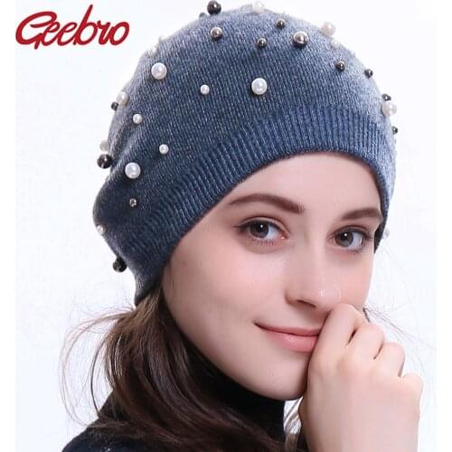 Geebro Womens Beanie Hat Winter Cashmere Knitted Pearl Slouchy Beanie for Female Women Wool Double Layer Balavaca Skullies Hat