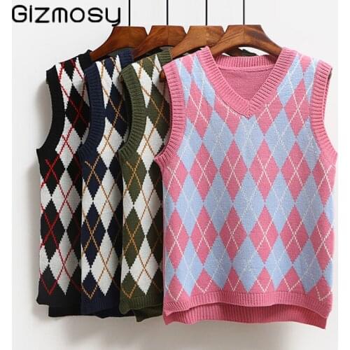 Gizmosy Women 2021 Fashion Oversized Sleeveless V-Neck Knitted Vest Casual Tank Tops Pullover Elasticity Sweater Spring Autumn