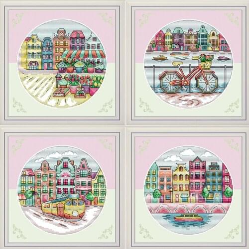 Joy Sunday Cityscape series of cross stitch14CT DMC printed canvas scenery patterns cross stitch embroidery DIY Kits Home decor